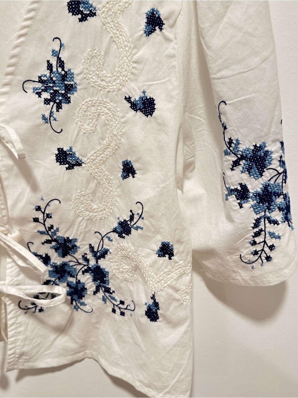 Jennifer & Grace White V-Neck Embroidered Peasant Blouse with Blue Floral Detail - Picture 5 of 8
